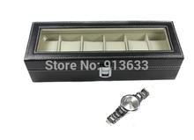 In stock PU Leather 6 Grid Watch Display Case Box Jewelry Storage Organizer Black free shipping