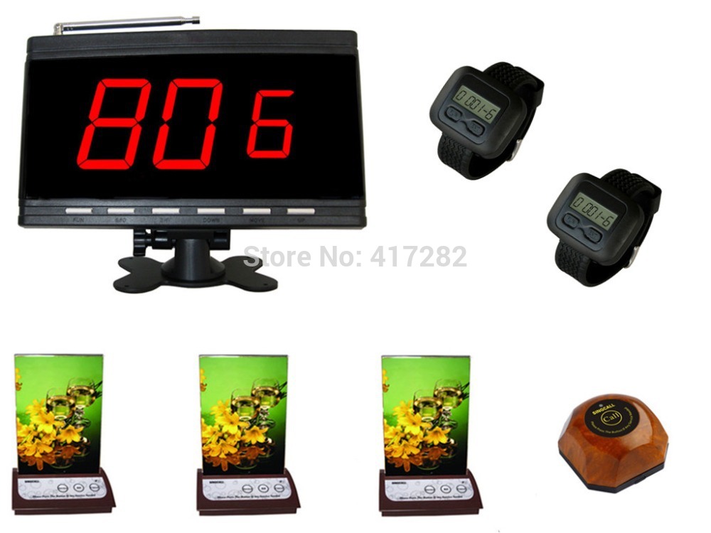Singcall wireless Service calling system 1 wooden kitchen button 3 multi button pagers 1 display 2