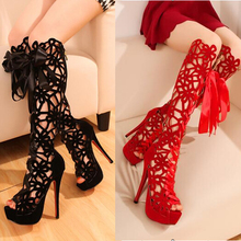 2013 Summer woman’s classic high heels cool boots red bottoms outout platform open toe knee high boots sandals black red