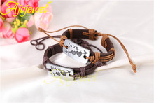 2Pcs lot Charm Double Heart Love Leather Bracelet Handmade Fashion Cheap Couple Jewelry For Men and