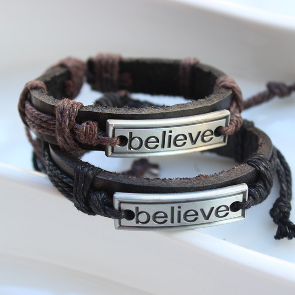 2pcs Lot Fashion Love Jewelry Handmade Genuine Believe Charm Hemp Leather Bracelet For Men and Women