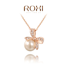ROXI Christmas gift pearl fashion bowknot necklace rose gold plated,Gift to girlfriend,100%hand made,2030002315