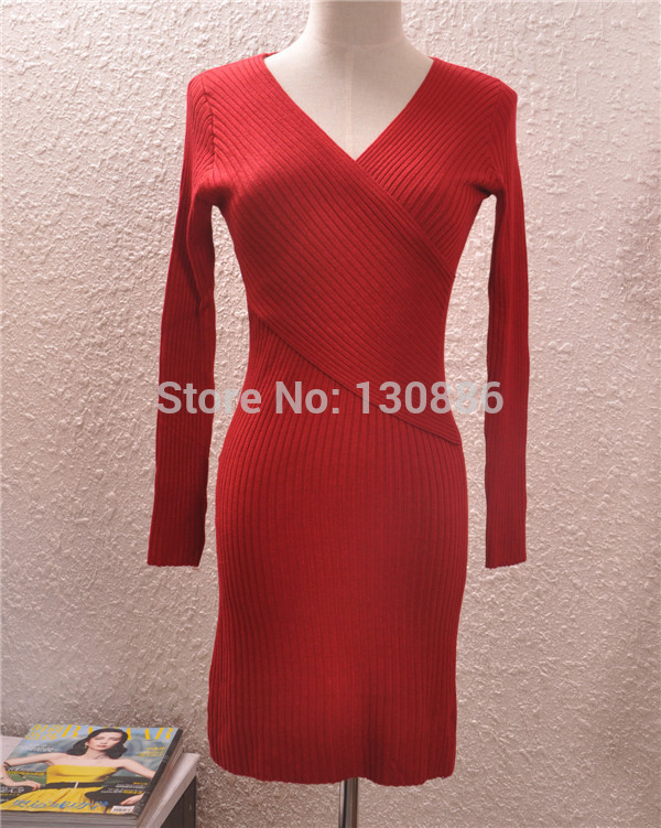 New 2014 sexy v-neck long sleeve women knitted sweater dress winter crochet  jumpers bodycon casual dresses brand wool pullovers