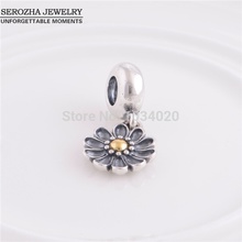 S925 Sterling Silver Flower Daisies Dangle Charm Authentic 925 Silver Jewelry Fits Pandora Style Bracelets Necklaces