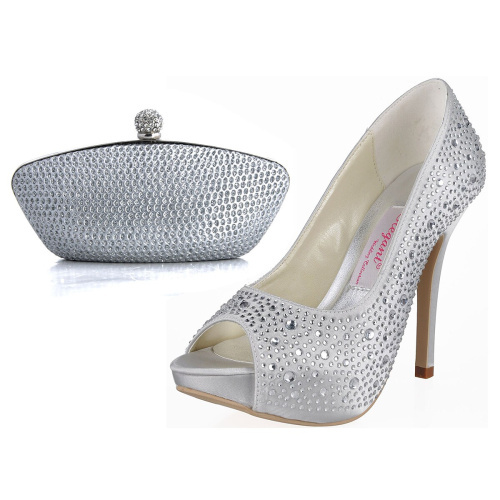Fashion EP11066 IP Silver Peep Toe Platform 5 Stiletto Heel Satin Women Pumps with Handbag Clutch