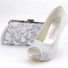 Fashion EP11066 IP Silver Peep Toe Platform 5 Stiletto Heel Satin Women Pumps with Handbag Clutch