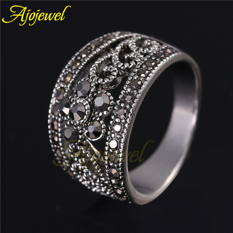 Size 6 9 Fashion Jewelry New Arrival Silver Plated Black CZ Flower Vintage Retro Ring Women