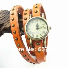 Vintage Multilayer Leather Watch Bracelet Weave Bronze Rivets Quartz Wristwatch Jewelry