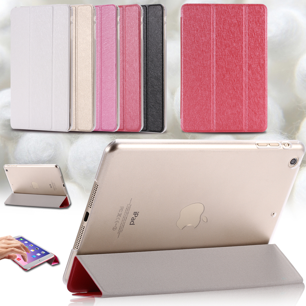 Smart Wake Three Fold Transparent Silk Leather Case For Ipad 5 Air For ipad Mini 1