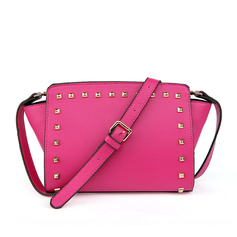 Wholesale Rushed Freeshipping Women Solid Pu Zipper 2014 Summer New Shoulder Diagonal Cross Pattern Ear Rivet