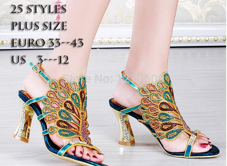 2015 rhinestone sandals 25 styles peacock high heeled shoes thick thin and wedges heel genuine leather