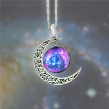 2014 NEW hot fashion Harajuku necklace crescent moon galactic cosmic glass cabochon silver chain pendant necklace