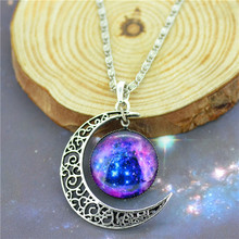 2014 NEW hot fashion Harajuku necklace crescent moon galactic cosmic glass cabochon silver chain pendant necklace