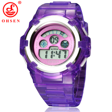 Ohsen niños niñas niños Kids 7 colores LED Back Light Digital multifunción deporte militar relojes jalea del reloj del silicón