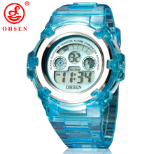 OHSEN Boys Girls Children Kids 7 Colors LED Back Light Digital Multifunction Military Sports Watches Jelly