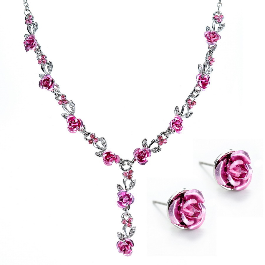 -White-Gold-Plated-Rose-Flower-Necklace-Rose-Stud-Earrings-Set-Women ...