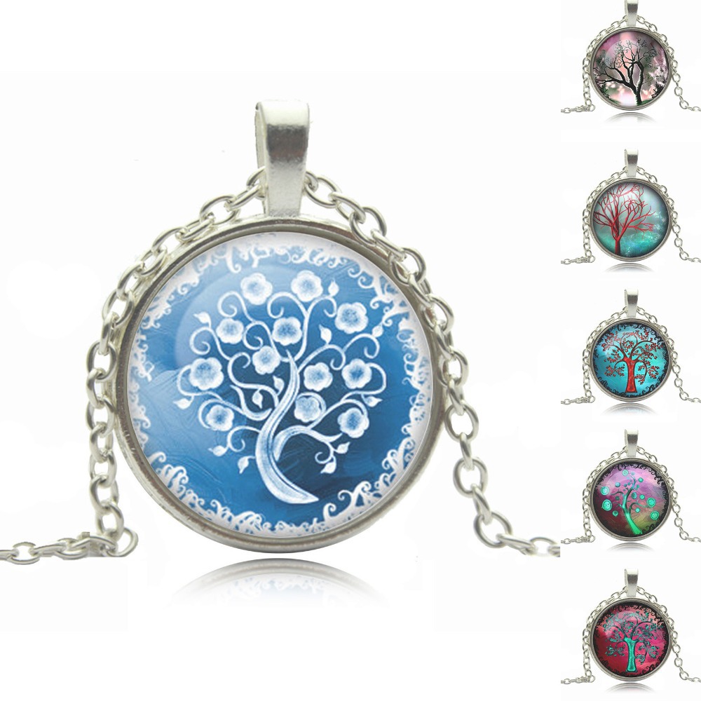 Life Tree glass cabochon Pendant Necklace Art silver chain vintage choker Necklace Fashion women Jewelry