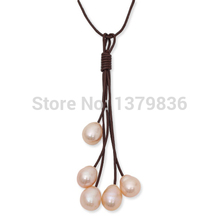 Simple Style Pink Color Freshwater Pearl and Brown Leather Pendant Necklace
