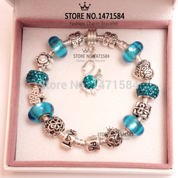 European charm Swan Crystal Beads Fits Pandora Style blue Bracelets for women fashion charm Beads wholeasle