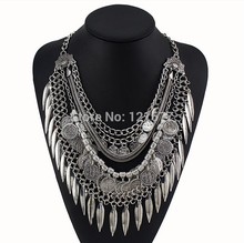 Multilayer Chunky Coins Necklaces Pendants Statement Silver Leaves Tassel Necklace Women Vintage Jewelry Fashion Collar Necklace