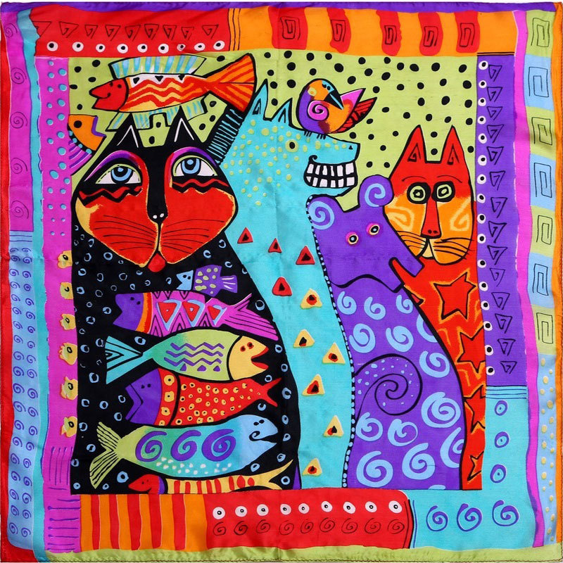 100 Silk Scarf Women Scarf Cat Scarf Silk Bandana 2015 Hijab Print Cat Fish Middle Square