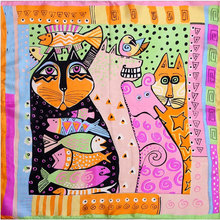 100 Silk Scarf Women Scarf Cat Scarf Silk Bandana 2015 Hijab Print Cat Fish Middle Square