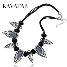 Kavatar Vintage Gem Stone Crystal Rhinestone Craved Flower Black Pendants Necklaces Statement Women Jewelry, Free shipping