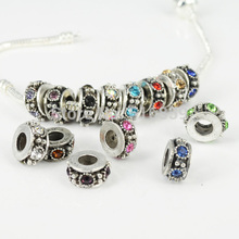 Wholesale 20 Pieces/ Lots Rhinestone Crystal Antique Silver Plated 12x6mm Spacer Charm Alloy Beads Fit Pandora European Bracelet