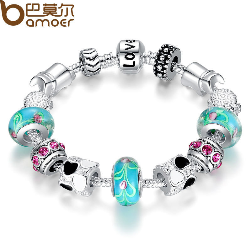 Aliexpress Hot Sell 925 Silver European Charm Bracelet Bangle for Women with Murano Glass Beads Fashion