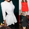 Hot Sell,New Tops Blouse,Women Zipper Back Puff Long Sleeve Stand Collar Empire Waist Cute Shirt Dress S,M,L,XL (Free Shipping)(China (Mainland))