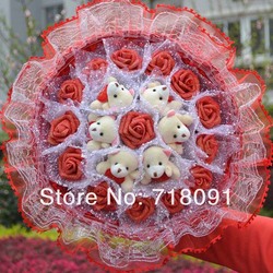 Free Shipping Plush Teddy Bear With PE Rose Flower Bouquet For Valentine's Day And Wedding Gifts,30x30cm,1pc(China (Mainland))