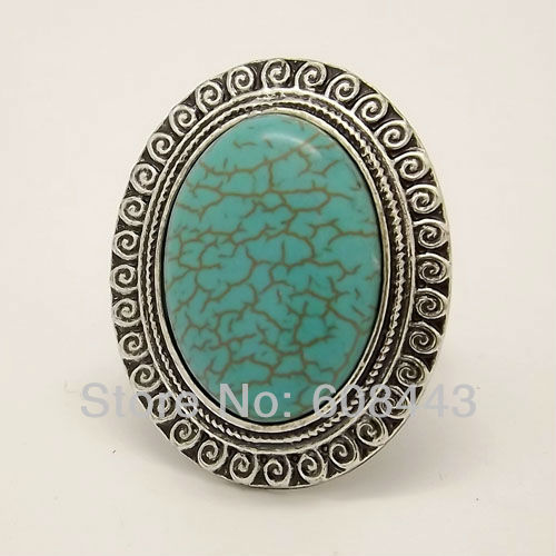 RR102 European Royal Big Oval TURQUOISE Tibetan Silver vintage retro Exaggerated RING jewelry