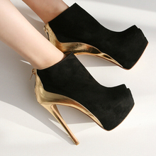 2014 Gold Black Autumn Boots Shoes Woman Color Block Platform High Heels Ankle Boots Women Ladies