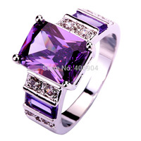 Popular Gorgeous Jewelry Emerald Cut Amethyst & White Topaz 925 Silver Ring For Women Gift Rings Size 7 8 9 10 11 12 Wholesale