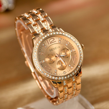 Женева женщин горный хрусталь кварцевые часы блестящий полный стали аналоговый кристалл наручные часы