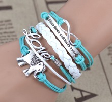 Fashion Hand woven Courage The Elephant Cross Silver Pendant Colorful Leather Bracelet Infinity Love Charm Chain