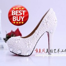 Hot selling fashion white pearl rhinestone pumps crystal high heels ladies prom wedding dress shoes size 35-39