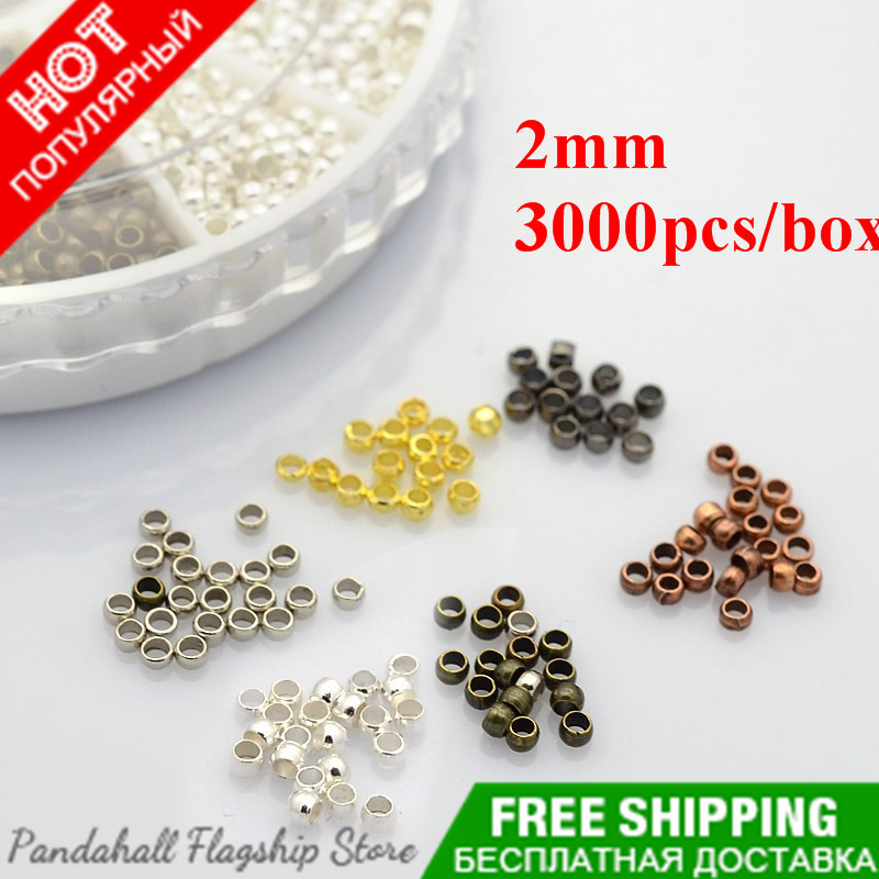 3000pcs box Jewelry Brass Crimp Beads 2mm Round Mixed Color Hole 1 2mm necklace earring bracelet