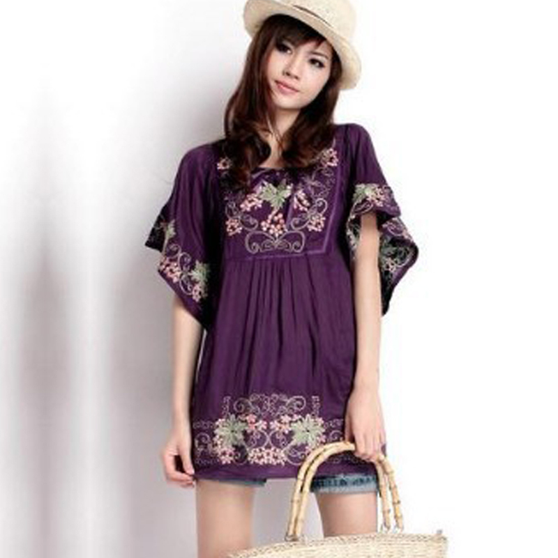 mexican Ethnic Floral EMBROIDERED Hippie Blouse DRESS Women Clothing ...