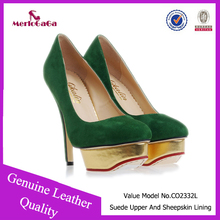 Hot selling sexy pointed toe shoe latest design high heel shoe fashion green women Pump sheepskin leather shoes 2014