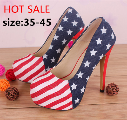 Big yards 40 43New 2014 Summer Spring Women s High heel American Flag Shoes 12 cm