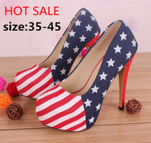 Lovers flower five-pointed star color block decoration . denim american flag high heels single shoes
