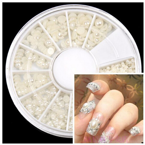 wholesale Lots Elegant Round Wheel Case Nail Art rhinestones Decoration Pearl 10 White Case 3d nail