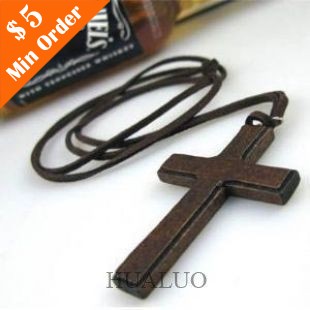 Wooden Cross Leather String Necklace Chain Popular Jewelry In Korea Brown N80