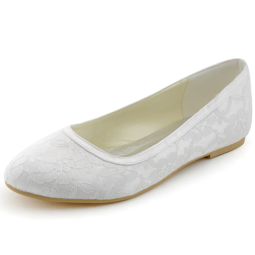 Elegant Women s Flats EP11104 White Ivory Round Toe Lace Wedding Bridal Flat Shoes