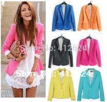 Free shipping Womens Tunic Foldable sleeve Blazer Jacket candy color lined striped Z suit one button shawl cardigan Coat(China (Mainland))