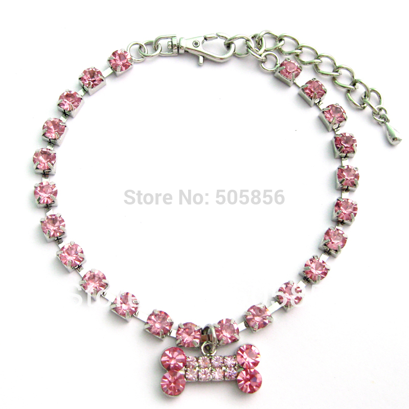 Pink dog rhinestones necklace collar with bone charm,pet jewelry/S M L(China (Mainland))