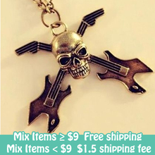 2014 Hot Selling Punk Skull Guitar Pendant Gothic Personality Chain Necklace Fashion Jewelry For Women For