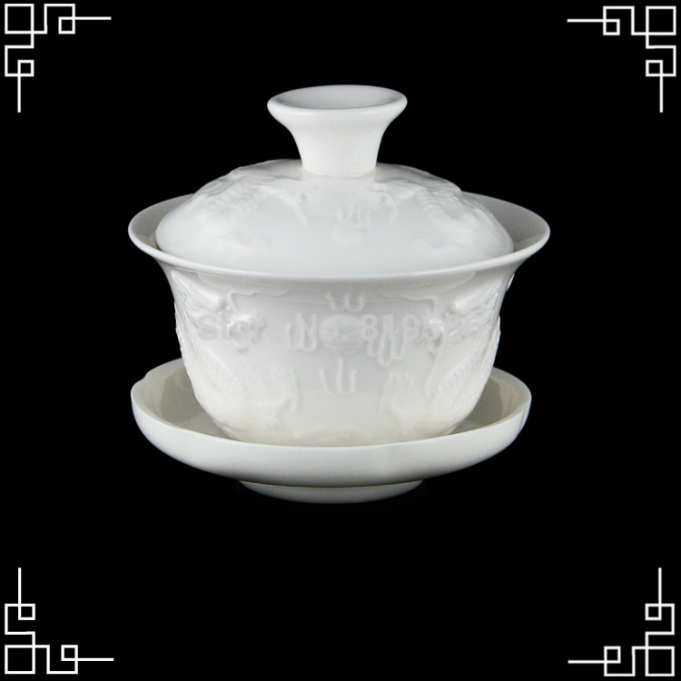 Chinese Dragon Carving Gaiwan Porcelain Drinkware Kungfu Tea Set 2pcs lot