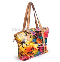 2014 Free shipping hot sale oil flower print women handbags Genuine leather women s shoulder messenger